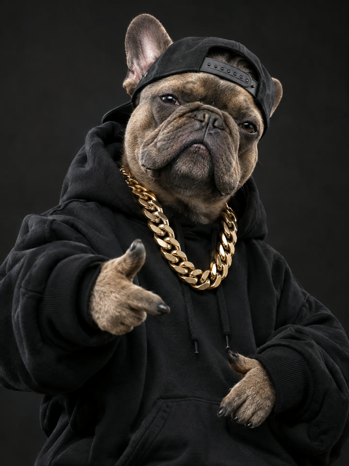 Original reference photo: French bulldog in a black hoodie and gold chain